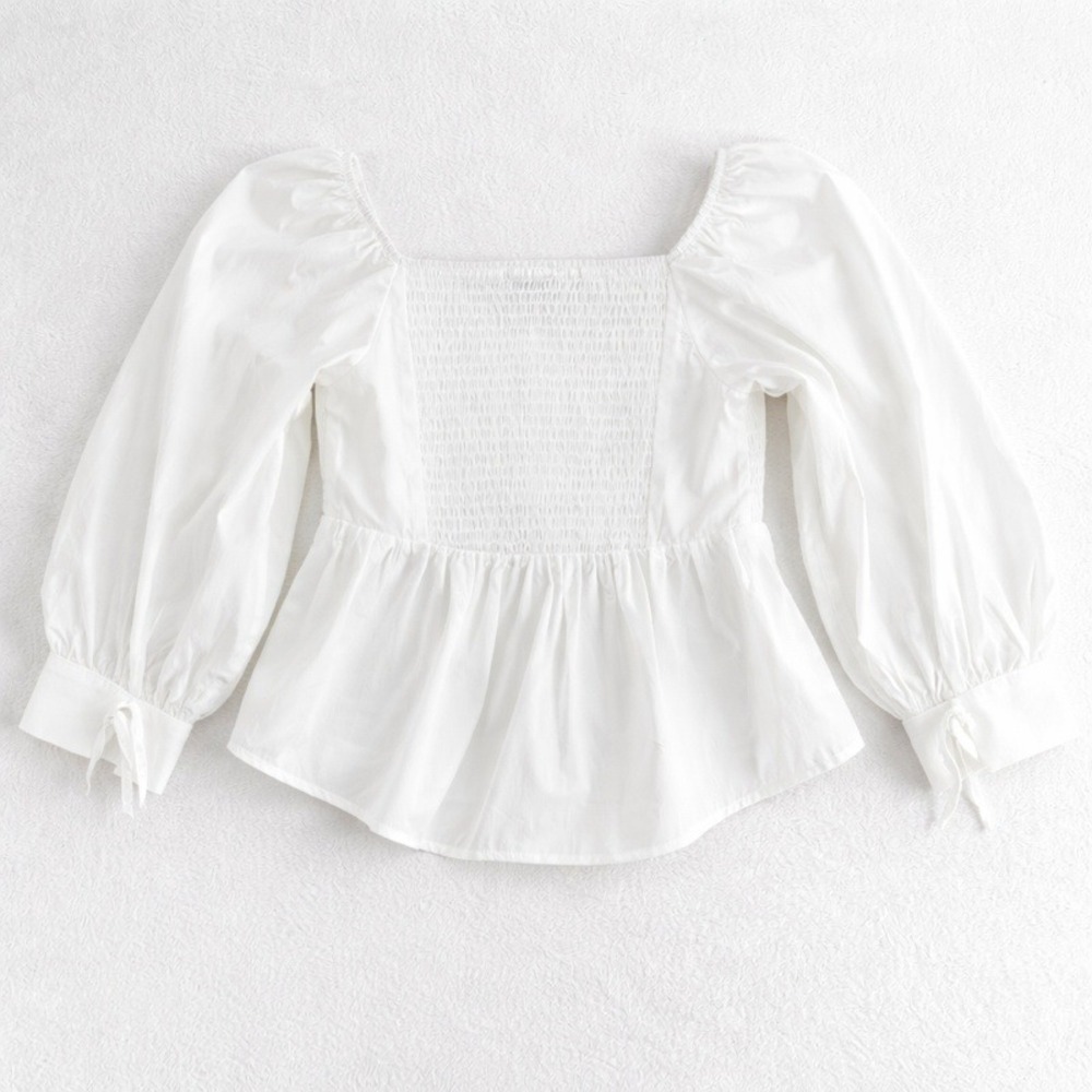 En Saison White Smocked Puff Sleeve Peplum Blouse Size S - Picture 2 of 11